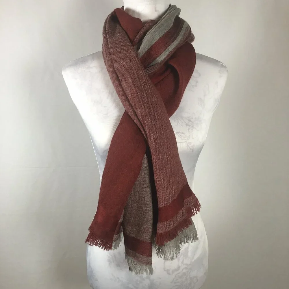 🍂 Bloom & Give Oversized Vintage Woven Shawl / Scarf – Rust, Taupe & Soft Gray
